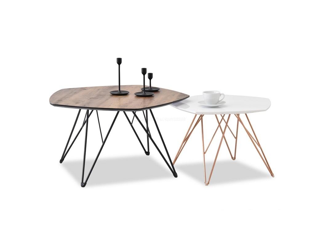 design4life Konferenční stolky PETRAS S bílá-měď+PETRAS XL ořech