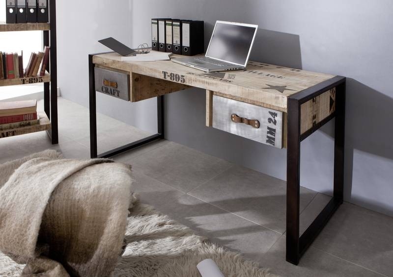 Masiv24 - FABRICA psací stůl, litina a mangové dřevo, potisk